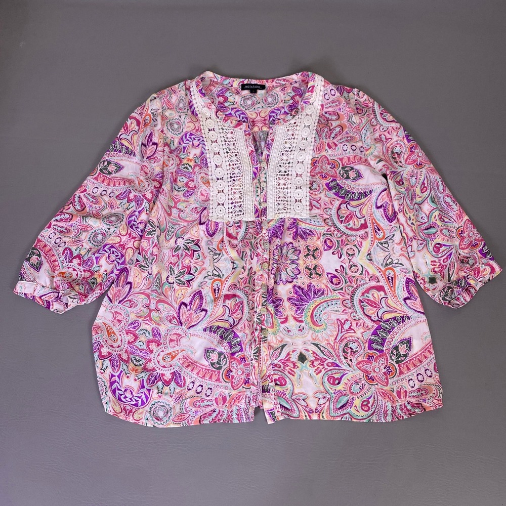 Notations Blouse‎ Top Womens XL Pink Purple Paisley Button Up 3/4 Sleeve Crochet